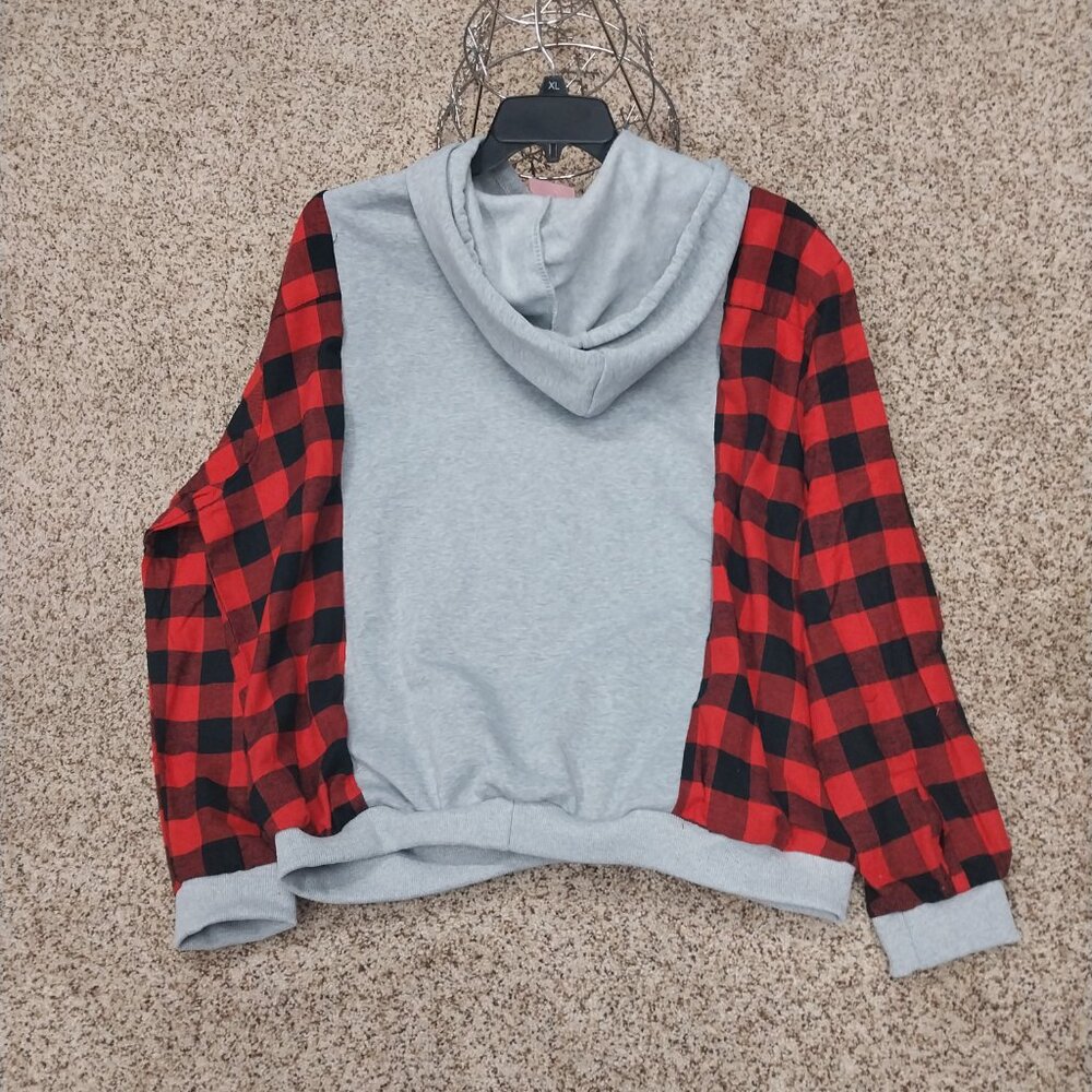 3287 Size XL/ 1X Upcycled Hoodie Sweat Shirt With Flannel Sleeves and Quilted - Picture 6 of 6